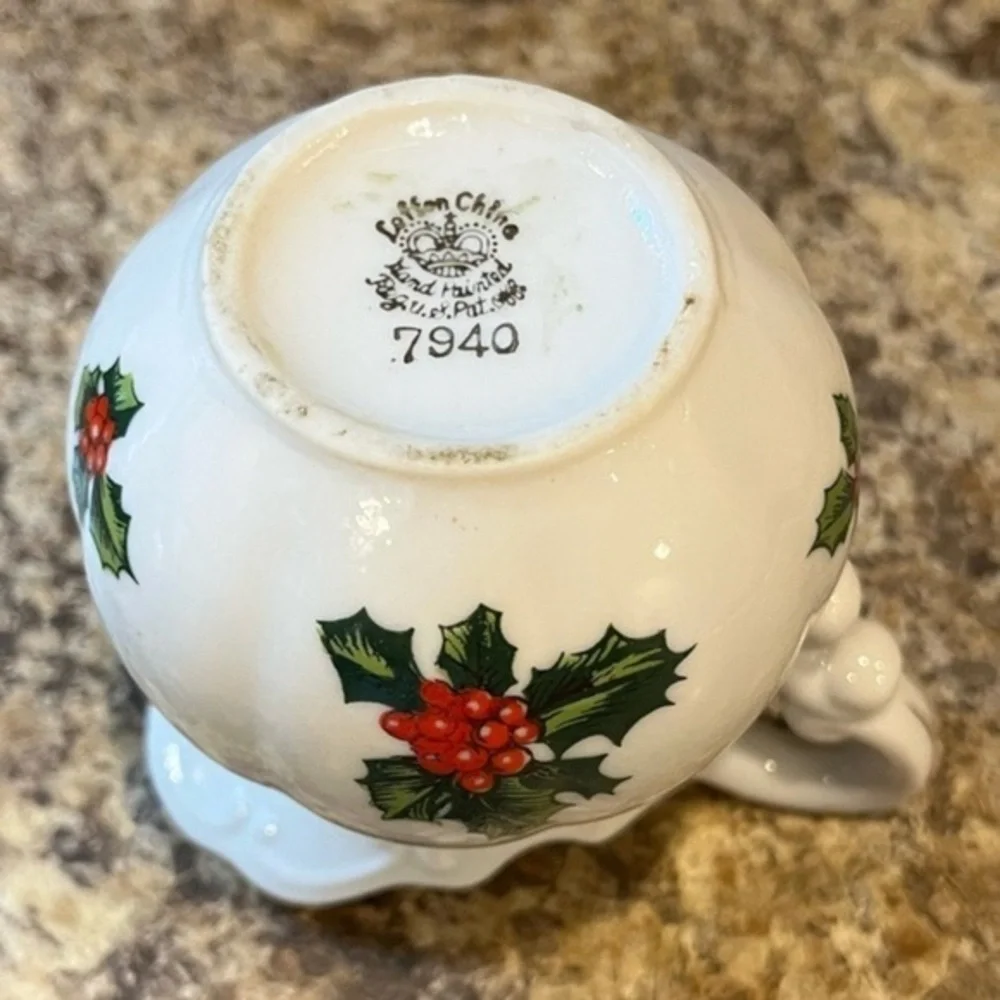 Vintage Lefton China Creamer Mini Pitcher with Hand Painted Holly Berry Design